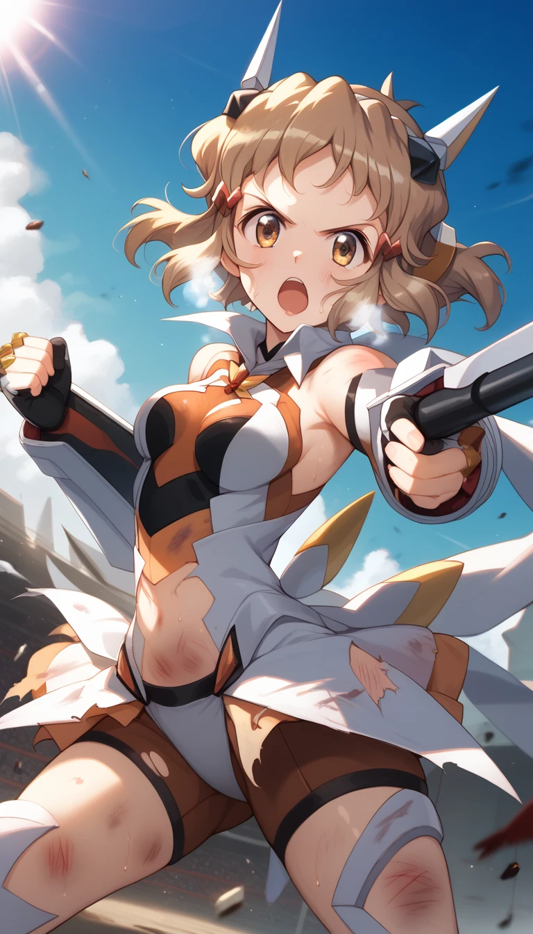  top quality ,  soft light during the cruise,  super high res,  cute, Beautiful face in every detail , high resolution details of human skin texture, shiny skin,sweat,Heat, white breath ,Take a deep breath,Hibiki Tachibana,Brown Hair,, battle costume,Outdoor Arena,sunlight, serious eyes,Ready,Big eyes, Symphogear ,armed gear , open mouth ,Fighting pose,bruised body, has a weapon , hair ornament, torn clothes ,Short Hair,