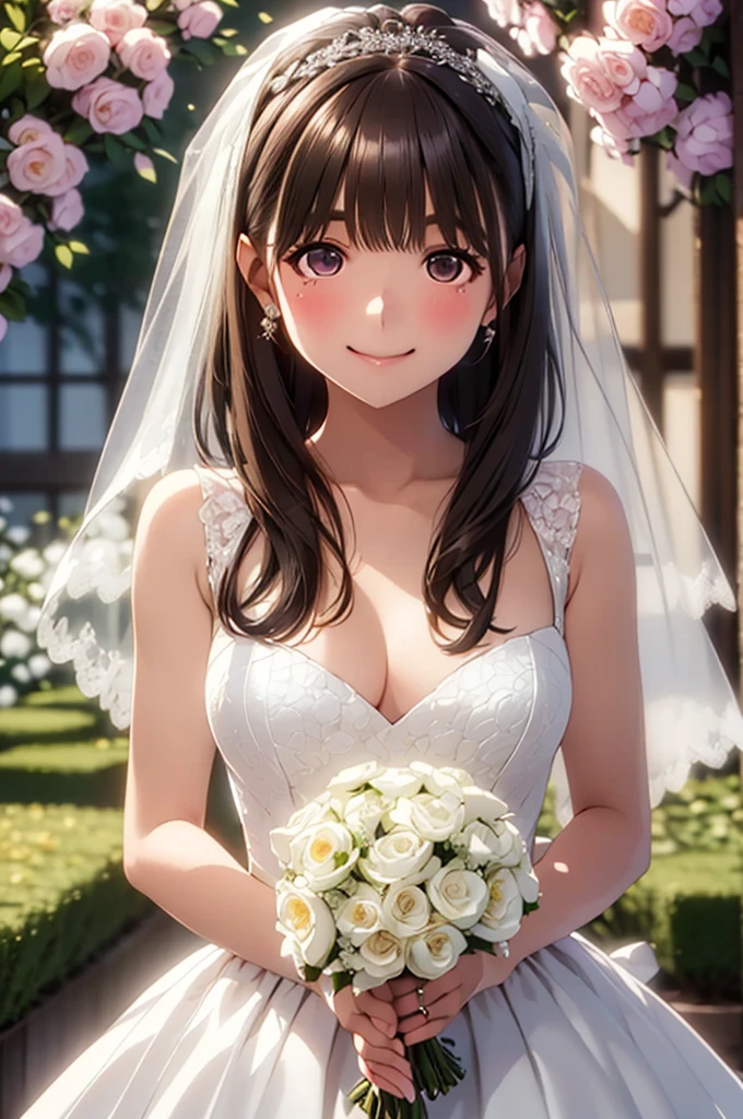 masterpiece,best quality,highres,ultra-detailed,aamarika,brown eyes,light brown hair,short hair with long locks,bangs,hair ornament,hair flower,(wedding dress:1.2),white dress,(veil:1.2),garden,smile,outdoors,standing,cowboy shot,holding bouquet,