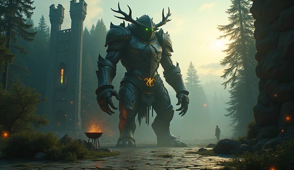 a giant creature facing a small knight , a second giant creature in the backgound holding a giant tree in hand, nightmare style, highly detailed, trending on artstation, 8k, octane render