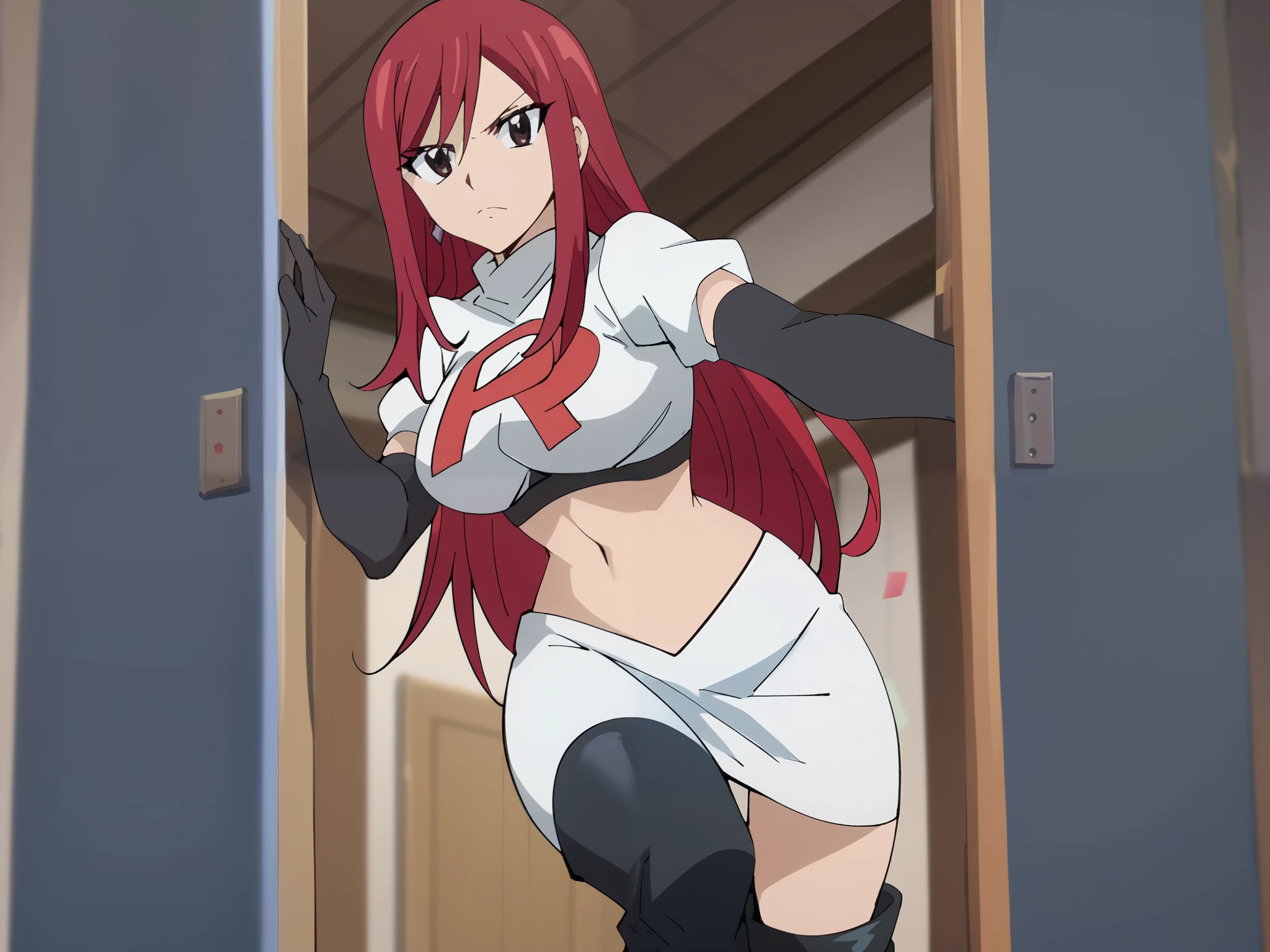 Erza Scarlet, long hair,red hair, brown eyes, ,team rocket uniform, red letter R, white skirt,white crop top,black thigh-high boots, black elbow gloves, looking at viewer, cowboy shot,