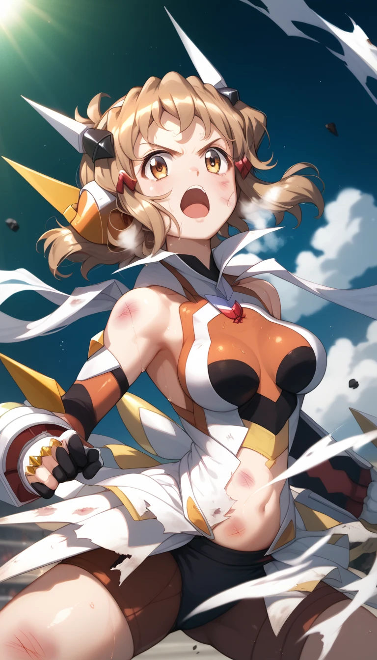  top quality ,  soft light during the cruise,  super high res,  cute, Beautiful face in every detail , high resolution details of human skin texture, shiny skin,sweat,Heat, white breath ,Take a deep breath,Hibiki Tachibana,Brown Hair,, battle costume,Outdoor Arena,sunlight, serious eyes,Ready,Big eyes, Symphogear ,armed gear , open mouth ,Fighting pose,bruised body, has a weapon , hair ornament, torn clothes ,Short Hair,