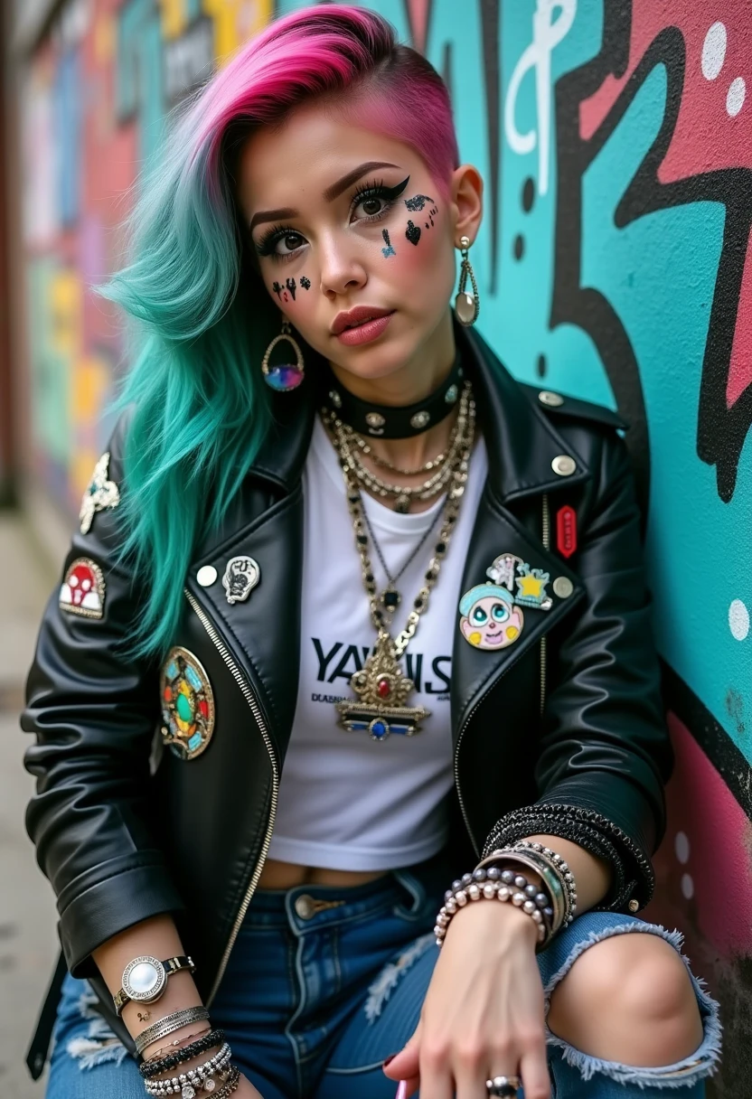 A young woman with teal and pink hair sits casually against a graffiti-covered wall. She wears a black leather jacket adorned with pins and patches, layered necklaces, and a white graphic tee. Her makeup features bold eyeliner and decorative face tattoos. She has multiple bracelets and rings on her fingers, and her ripped jeans highlight a punk-inspired style. The urban background adds to the edgy aesthetic.