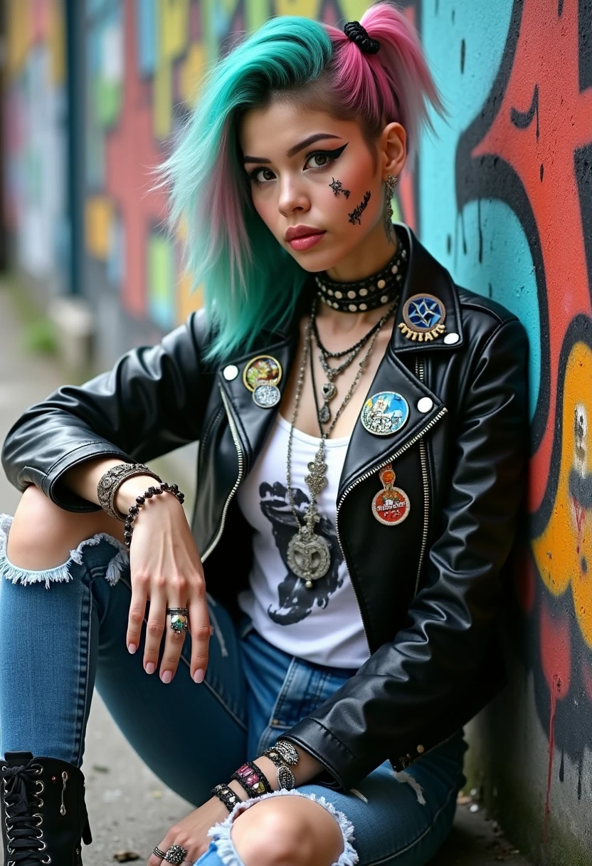 A young woman with teal and pink hair sits casually against a graffiti-covered wall. She wears a black leather jacket adorned with pins and patches, layered necklaces, and a white graphic tee. Her makeup features bold eyeliner and decorative face tattoos. She has multiple bracelets and rings on her fingers, and her ripped jeans highlight a punk-inspired style. The urban background adds to the edgy aesthetic.