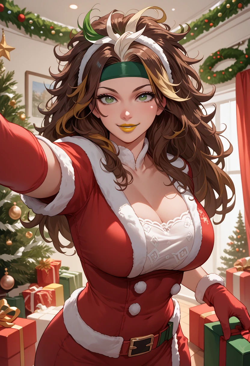 , green eyes, yellow lipstick, brown hair, two-tone hair, long hair, messy hair, headband, large breasts, christmas, christmas outfit, gloves, standing, dynamic pose, seductive smile, looking at viewer, indoors, anime style 