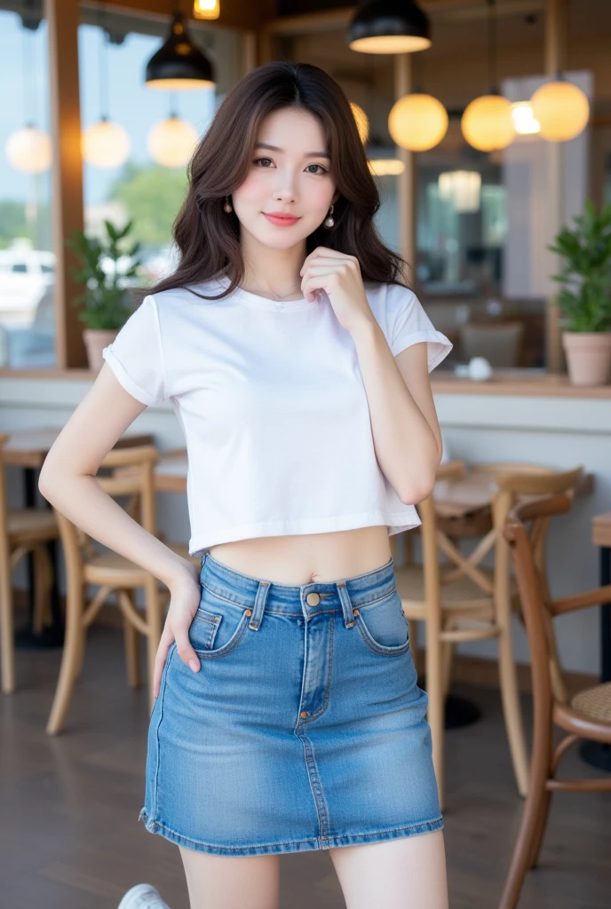 . The image is a digital graphic of a Thai woman. ,White skin and brown hair , Looking with a neutral face color . Smiling, seeing white teeth,, facial features including black eyes and a slight smile.. The background is a cafe, focusing attention on her face,, wearing a cropped T-shirt, round neck, short sleeves, white , Short Pencil Blue Denim Skirt, wearing white sneakers ,Random Pose ,Standing posture,