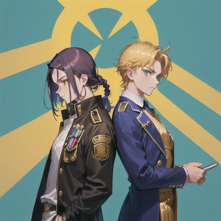 close-up of a cartoon character with yellow hair, cover art, The Bizarre Adventure ofs, 's bizzare adventure!!!!, The Bizarre Adventure of, style, 's bizzare adventure!!, style vento aureo cover art , bizarre adventure, \The Bizarre Adventure of, 's bizzare adventure, masterpiece, best quality, very aesthetic, absurdres,high quality, Sharp, slanted, emerald green eyes with detailed eyelashes, Blonde donut-shaped hairstyle with three distinct, well-defined loops, Purple suit with gold accents on the collar and shoulders, Strong, defined jawline and chin, Long blonde braid extending down the back, with visible individual strands, Three gold brooches on the chest, arranged vertically, Defined, slightly upturned, thin eyebrows, Thin lips with a subtle, confident smirk, Significant hair volume concentrated on the top and front of the head, Intricate, swirling gold patterns on the brooches, Darker purple undershirt visible at the collar, Subtle shading on the suit indicating folds and wrinkles, Visible cheekbones, giving a slightly angular appearance, Subtle shading around the eyes, enhancing their sharpness, serious, determined, confident expression, Noticeable hair shadow under the loops, adding depth, Small, straight, slightly pointed nose, Subtle shadow under the nose, adding depth to the face, Suit jacket with a high, stand-up collar, Subtle shoulder pads visible under the suit jacket, Distinct hair highlights reflecting light, particularly on the loops, Visible texture of the suit fabric, appearing slightly textured, Gold trim on the edge of the collar, Brooches have a metallic sheen, Suit has a slightly formal appearance, The gold accents contrast sharply with the purple suit, The brooches are different sizes and shapes, Slightly messy hair texture, with some stray strands, Darker blonde roots visible near the scalp, Clear left-side hair parting