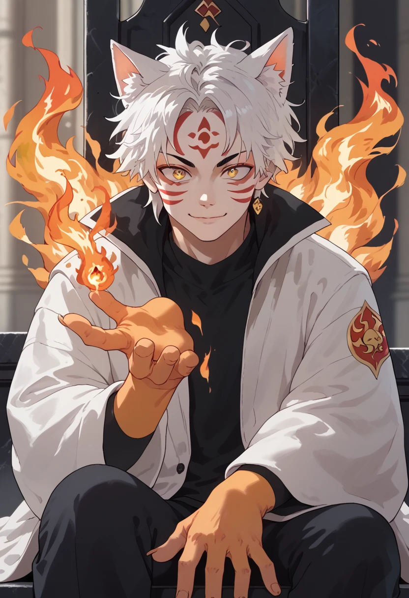 man, fiery hair, white skin, red face paint, anime style, fire powers, yellow cat eyes, white hair, cat-like third eye on forehead, orange hands, closed-mouth smile, messy hair, light white jacket, black top underneath, sitting on a throne, hands covered in fire, kitsune