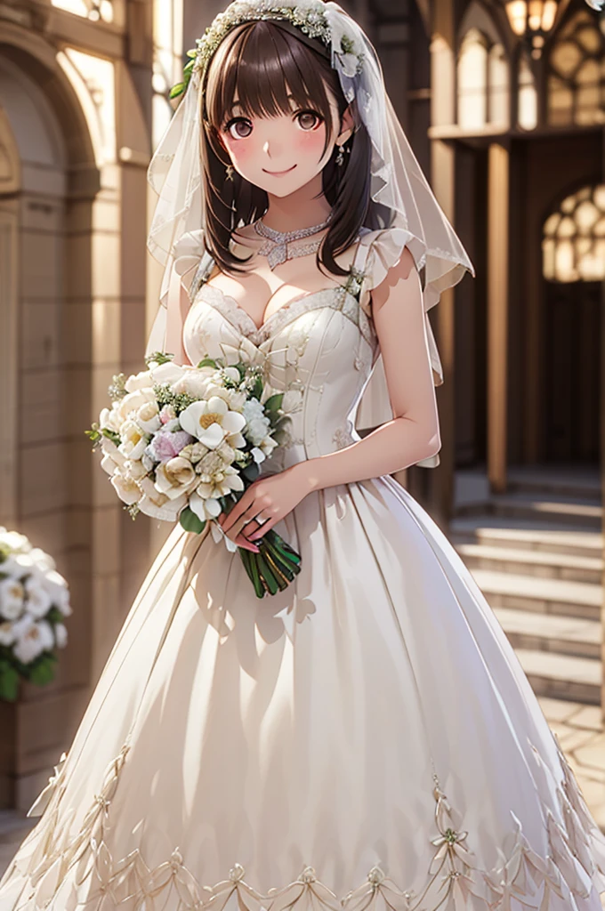 masterpiece,best quality,highres,ultra-detailed,aamarika,brown eyes,light brown hair,short hair with long locks,bangs,hair ornament,hair flower,(wedding dress:1.2),white dress,(veil:1.2),garden,smile,outdoors,standing,cowboy shot,holding bouquet,