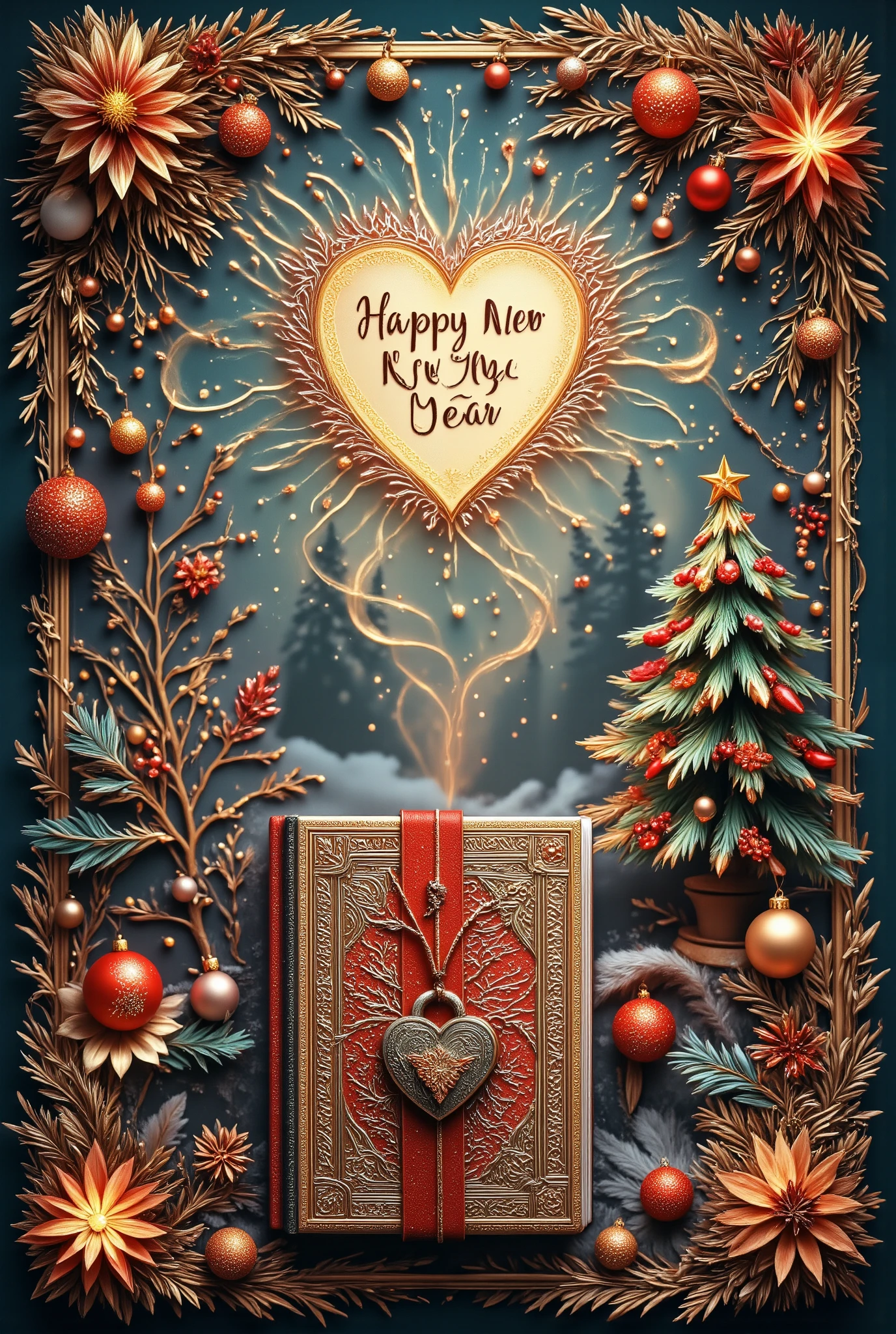  Beautiful Christmas Tree Toy ,  Book figurine with bindings and a beautiful heart-shaped lock ,  New Year's theme with beautiful patterns with hand-drawn lines and snowflakes The text is written on the cover "Happy New Year" beautiful color ,  masterpiece fails,  complicated details, bright colors,  better quality , 8 k,  as much detail as possible , UHD, beautiful, bright colors, Wonderful, 