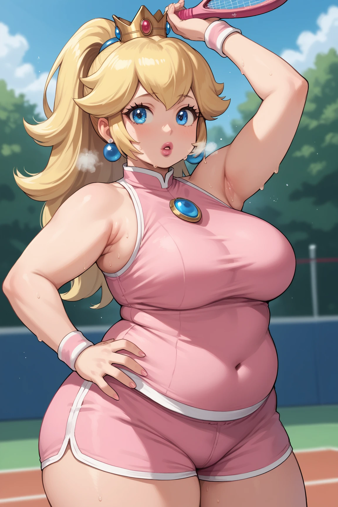 score_9_up, score_8_up, score_7_up, source_anime, (masterpiece, perfectly detailed, detailed face, detailed eyes, beautiful eyes), CuteMaster_PS, 1girl, princess peach, blonde hair, crown, blue eyes, ponytail, jewelry, tennis racket, sleeveless, earrings, ball, armpits, holding, medium breasts, half body, pink shorts, wristband, sportswear, parted lips, shirt, pink lips, out of breath, sweaty, open mouth, hands on hips, obese, chubby, big arms, thick thighs 