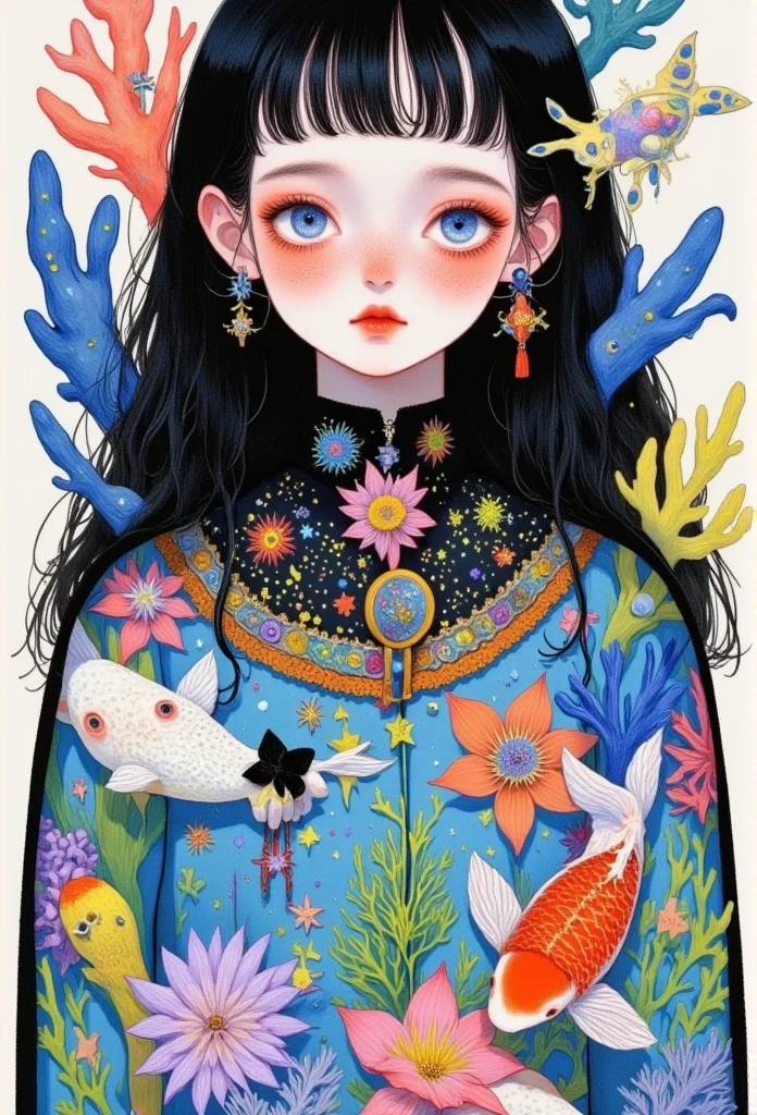  A painting of a young woman ,  with long wavy bluish black hair,  she has very slanted eyes ,  two lines  (wide)  cross over her eyelids so ,  She has salmon colored flowers and bees ,  she has a dress with a pattern of corals ,  wears a pin shaped like a koy fish ,  exquisite digital art  ,  beautiful art style ,   illustration trend  ,  possible , Beautiful anime portrait,  Detailed image in high definition of 8K , Lowe style ,   fantasy art style  ,   Beeple style and Jeremiah Ketner  ,   Enchanting art details  ,  fairytale core ,   beautiful anime style  , Hermosas ilustraciones digitales