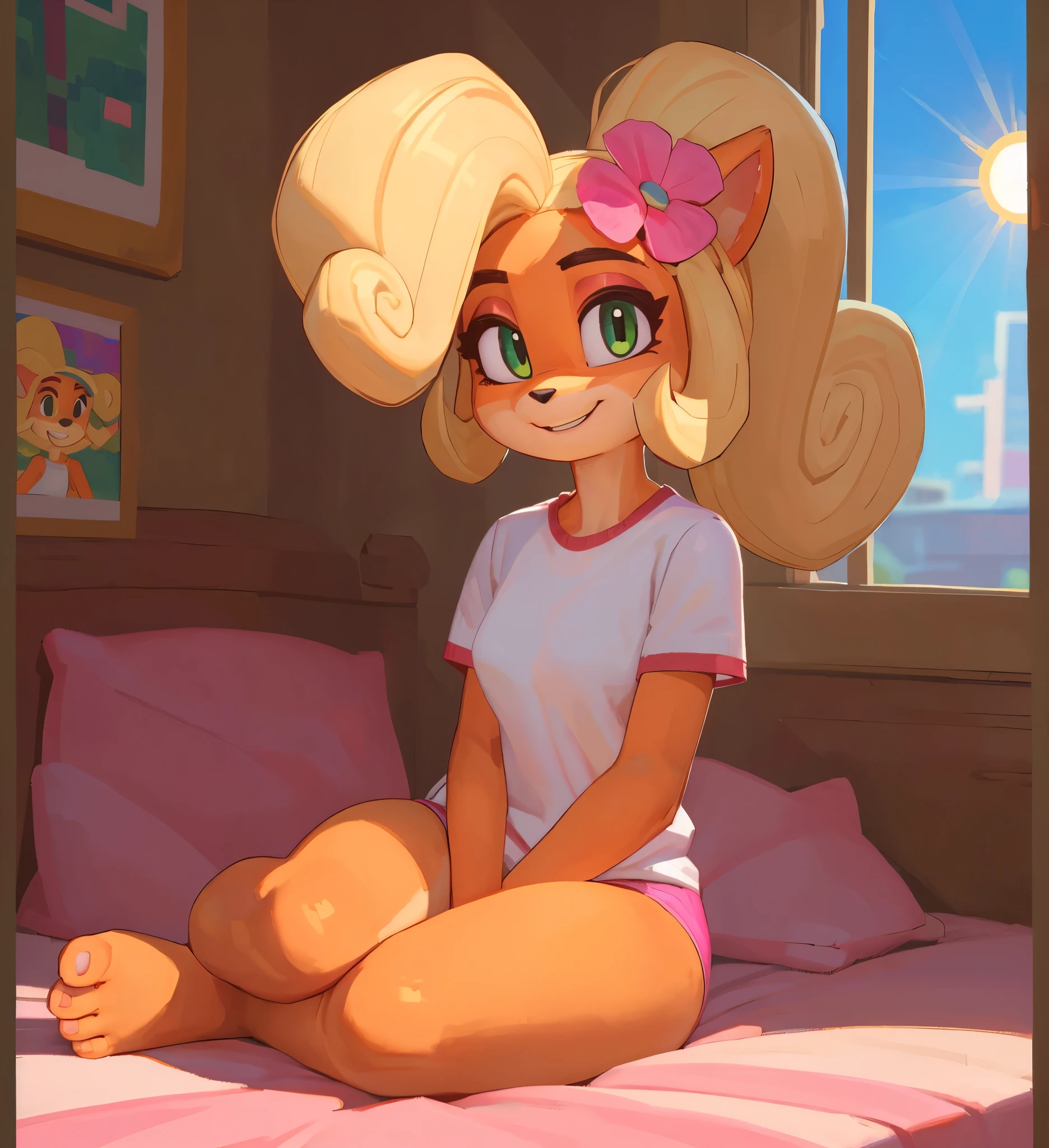 [Coco bandicoot], [Uploaded to e621.net; (Pixelsketcher), (wamudraws)], ((masterpiece)), ((HD)), ((solo portrait)), ((full body)), ((back view)), ((low angle view)), ((feet visible)), ((detailed fur)), ((detailed shading)), ((beautiful render art)), ((intricate details)), {(slim figure), orange fur, black nose, (cute green eyes), (short eyelashes), (pink eyeshadow), (half lidded eyes), (long blonde curly hair), (curly ponytail), (curvy hips), (beautiful legs), (beautiful feet), (tired), (sleepy expression)}, {(white tee shirt), (pink pajama shorts), (pink flower in hair}, {(kneeling on couch), (looking over shoulder), (looking at viewer)}, [ambient lighting, living room, tropical forest, sun rays]
