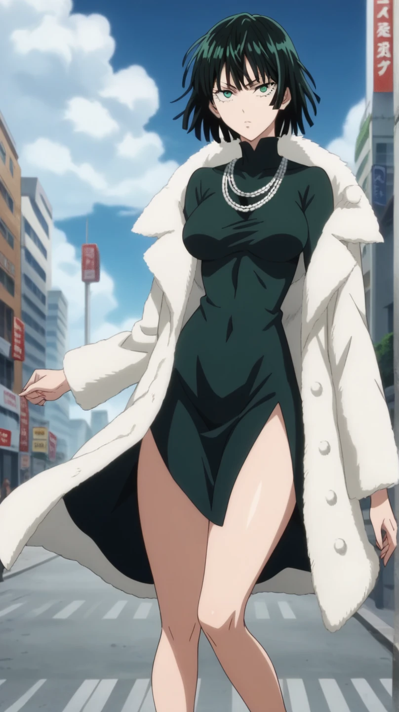 Fubuki,one punch man,city,perfect body,large breast,detailed face,green eyes,perfect lighting,big ass,black dress,dress,fur coat,high collar,jewelry,necklace,off shoulder,taut clothes,taut dress,,collapse face,stomach distension,large penis,venous penis,source_anime,masterpiece,best quality,highres,absurdres,official art,official style,source_anime,anime screencap,anime coloring,megami magazine,anime,animated,explicit, shiny skin,