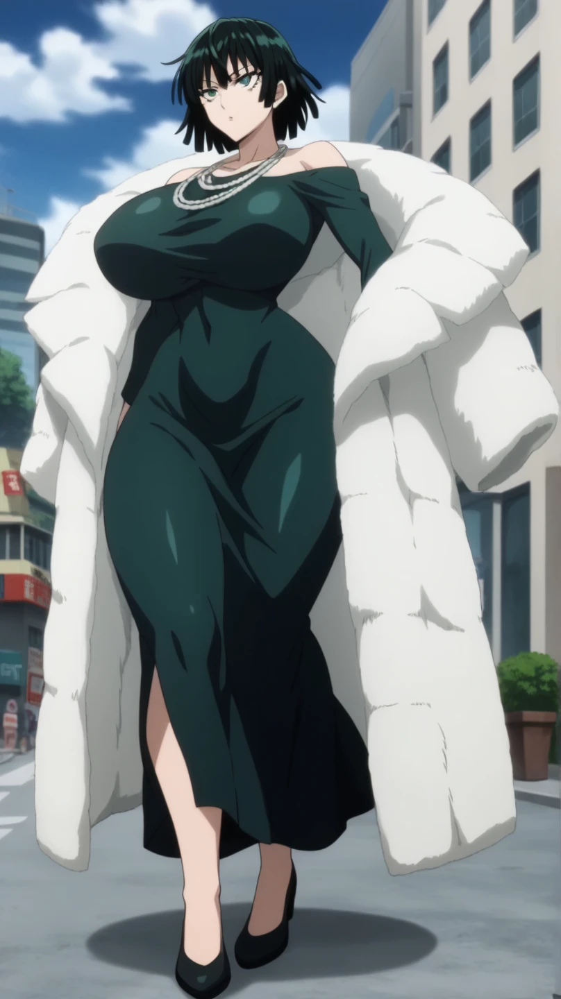 Fubuki,one punch man,city,perfect body,large breast,detailed face,green eyes,Prompt: (huge gigantic super mega hyper:1.3),(biggest round giant massive :1.3),perfect lighting,big ass,black dress,dress,fur coat,high collar,jewelry,necklace,off shoulder,taut clothes,taut dress,,collapse face,stomach distension,large penis,venous penis,source_anime,masterpiece,best quality,highres,absurdres,official art,official style,source_anime,anime screencap,anime coloring,megami magazine,anime,animated,explicit, shiny skin,