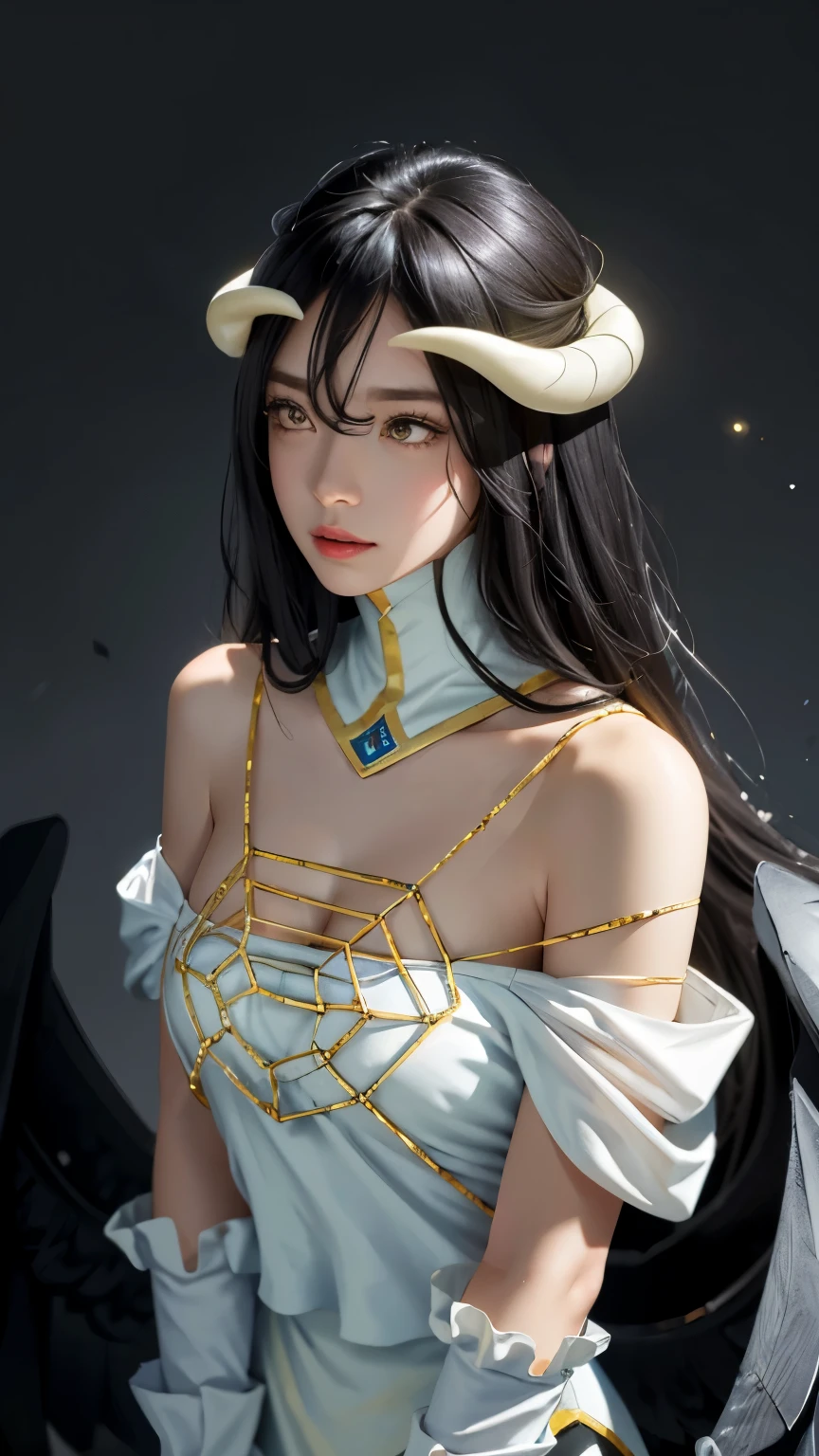 masterpiece, Best Quality , super detailed, illustration, Epic lighting , Cinematic Composition , Isometric,(hexagon:1.2), 1 Girl, trumpet, unique , yellow pantyhose , Black Hair, long hair, (Low Wing:1.2), Big breasts, Bare shoulders, hair between eyes, medium chest , ( white dress:1.1), gold decoration, separated collar , View viewer ,, Open your lips, blush, black feathers falling , arena, particle effects, (8K:1.1), Albedo (Overlord),Glamorous posture , pompous expression