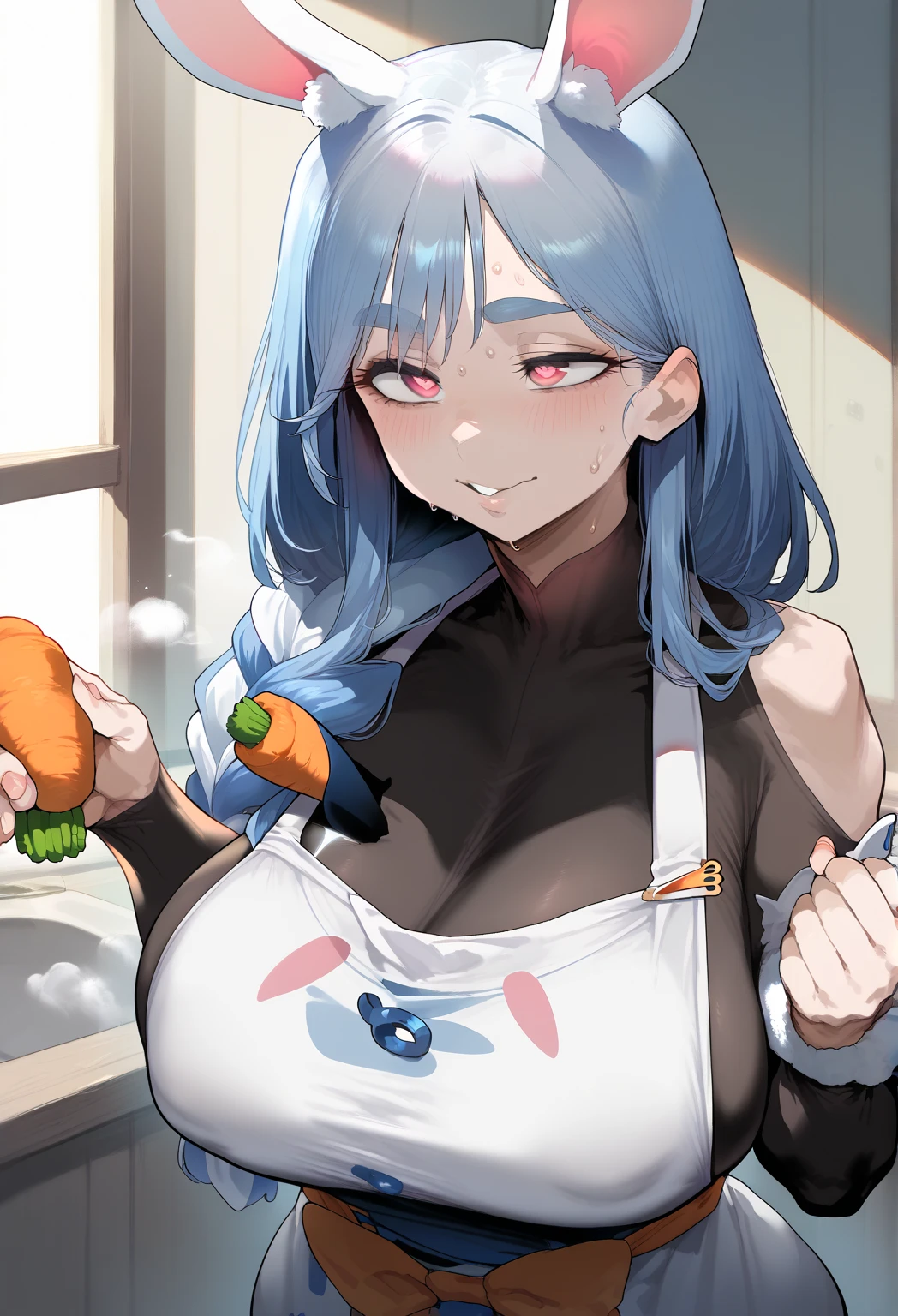   surreal, Mother,  mature woman,   mature woman, face, perfection lighting, perfection,   SEXY WOMEN  ,    Mouse with Eyes Clogged,, huge breasts, sweat、笑face、  Peko Mamadef  ,   thick eyebrows, Rabbit eyes , rabbit ears, animal ear fluff,   apron,   dress, Broken Sleeves , bow,    Carrot Hair Ornament   、