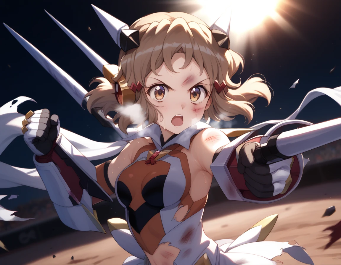  top quality ,  soft light during the cruise,  super high res,  cute, Beautiful face in every detail , high resolution details of human skin texture, shiny skin,sweat,Heat, white breath ,Take a deep breath,Hibiki Tachibana,Brown Hair,, battle costume,Outdoor Arena,sunlight, serious eyes,Ready,Big eyes, Symphogear ,armed gear , open mouth ,Fighting pose,bruised body, has a weapon , hair ornament, torn clothes ,Short Hair,