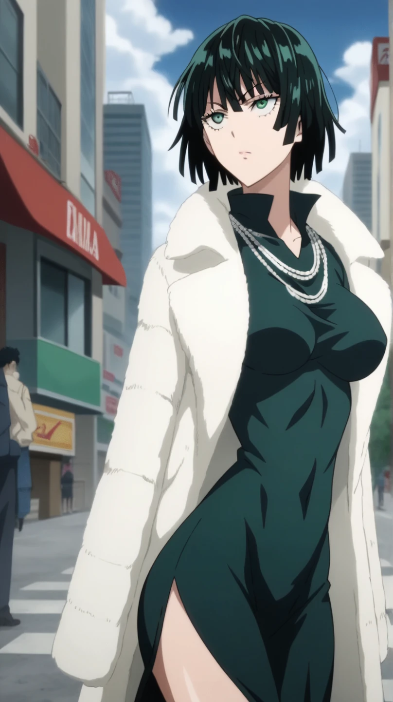 Fubuki,one punch man,city,perfect body,large breast,detailed face,green eyes,perfect lighting,big ass,black dress,dress,fur coat,high collar,jewelry,necklace,off shoulder,taut clothes,taut dress,,collapse face,stomach distension,large penis,venous penis,source_anime,masterpiece,best quality,highres,absurdres,official art,official style,source_anime,anime screencap,anime coloring,megami magazine,anime,animated,explicit, shiny skin,