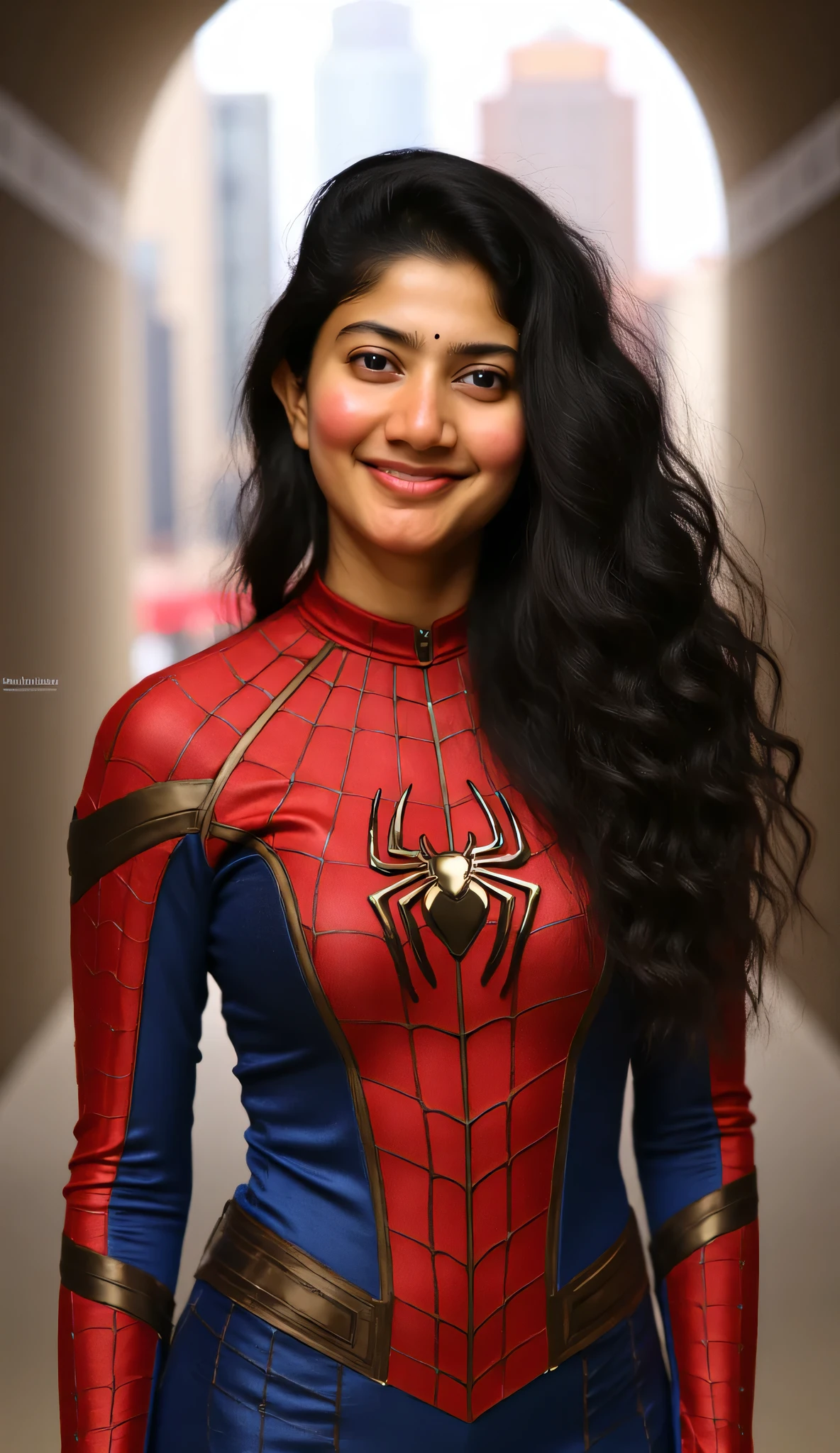 Create an image of Sai Pallavi as Spider-Woman. She is wearing a sleek red-and-blue Spider-Woman suit with web patterns and a glowing spider emblem on her chest. She is standing confidently in an underground setting resembling a cinematic Spider-Man visual, with dramatic lighting, a web-covered environment, and a faint view of city skyscrapers in the distance through cracks. Sai Pallavi looks directly at the camera with a determined expression, her hair flowing naturally, highlighting her dynamic presence.