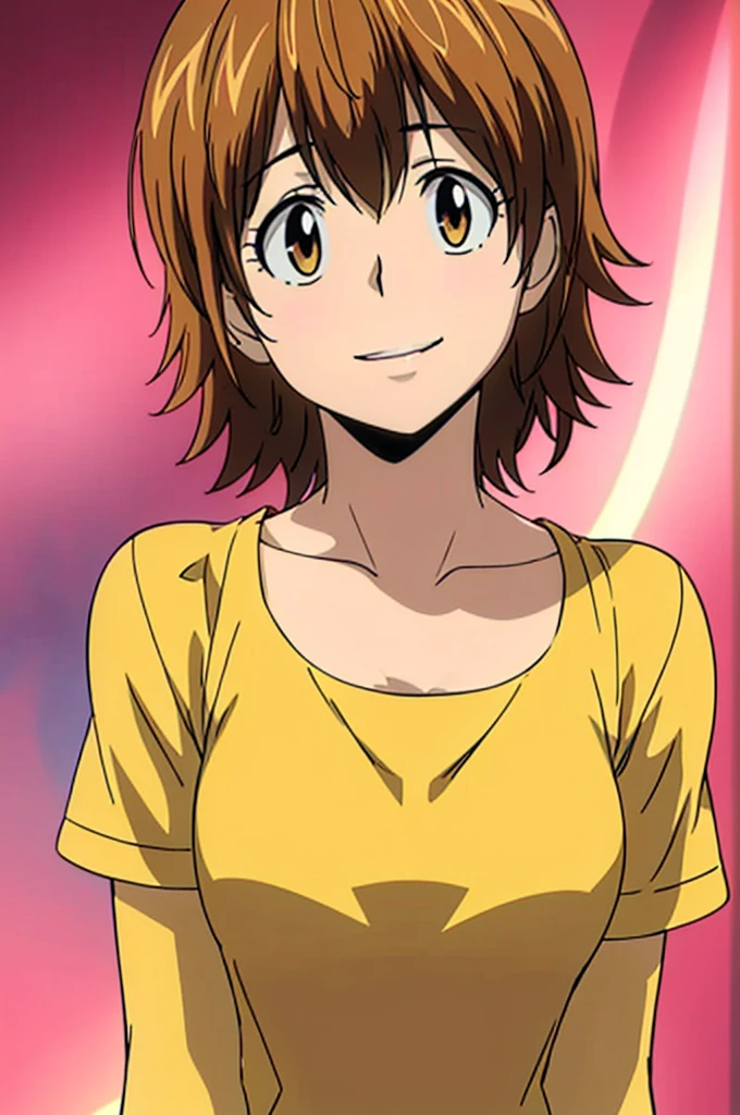 A beautiful girl with short brown hair and brown eyes, wearing a yellow t-shirt with short sleeves and a pink pinafore, smiling in front of a purple background, (best quality, 4k, 8k, highres, masterpiece:1.2), ultra-detailed, (realistic, photorealistic, photo-realistic:1.37), HDR, UHD, studio lighting, ultra-fine painting, sharp focus, physically-based rendering, extreme detail description, professional, vivid colors, bokeh, portrait