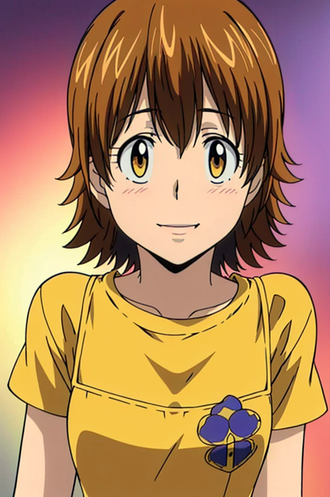 A beautiful girl with short brown hair and brown eyes, wearing a yellow t-shirt with short sleeves and a pink pinafore, smiling in front of a purple background, (best quality, 4k, 8k, highres, masterpiece:1.2), ultra-detailed, (realistic, photorealistic, photo-realistic:1.37), HDR, UHD, studio lighting, ultra-fine painting, sharp focus, physically-based rendering, extreme detail description, professional, vivid colors, bokeh, portrait