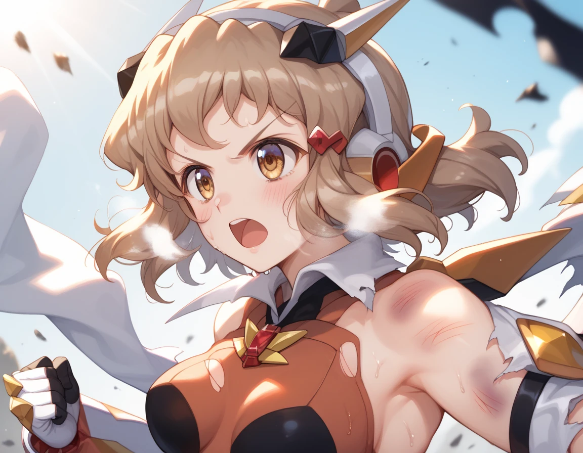  top quality ,  soft light during the cruise,  super high res,  cute, Beautiful face in every detail , high resolution details of human skin texture, shiny skin,sweat,Heat, white breath ,Take a deep breath,Hibiki Tachibana,Brown Hair,, battle costume,Outdoor Arena,sunlight, serious eyes,Ready,Big eyes, Symphogear ,armed gear , open mouth ,Fighting pose,bruised body, hair ornament, torn clothes ,Short Hair,