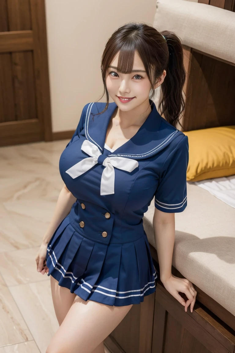 (An 18-year-old black gal perfect for friendship)(Bright colors:1.3)、(Very detailed ((Blue Diamond)) Earrings:1.4)、RAW Photos、Genuine:1.6、quality:1.5、8k、masterpiece:1.3、Ultra-high resolution:1.0、Sharp focus:1.2、(Big Breasts:1.5)、Highly detailed face and skin texture、Beautiful Eyes、double eyelid、(Black gal makeup:1.2) 、Perfect facial balance、(smile:1.1)、((Silver short hair:1.2)、美しい studio soft light、Rim Light、Sharp details、Surreal、Beautiful, smooth skin、Genuine Skin、(Looking at the audience)、(((Sailor suit)))、,(((Upright photo on knees:1.2)))