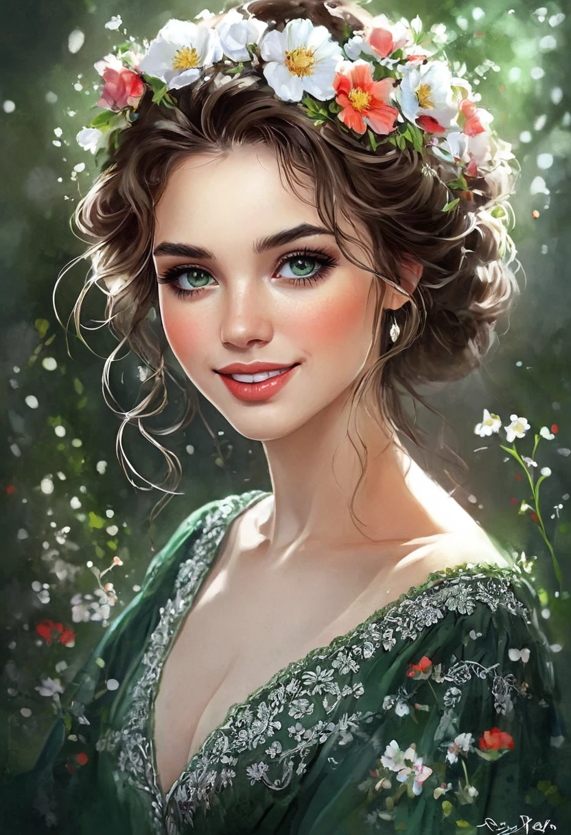 painting of woman with flowers in hair, Green dress with lace trim, moderate viz, high beautiful chest,
Beautiful digital artwork, beautiful digital illustration, Beautiful fantasy art portrait, Beautiful digital art, beautiful digital painting, stunning digital illustration, beautiful fantasy portrait, realistic digital art 4k, Exquisite digital illustration, realistic digital art 4 k , Realistic drawing of cute girl, elegant digital painting, beautiful gorgeous digital art, gorgeous digital painting