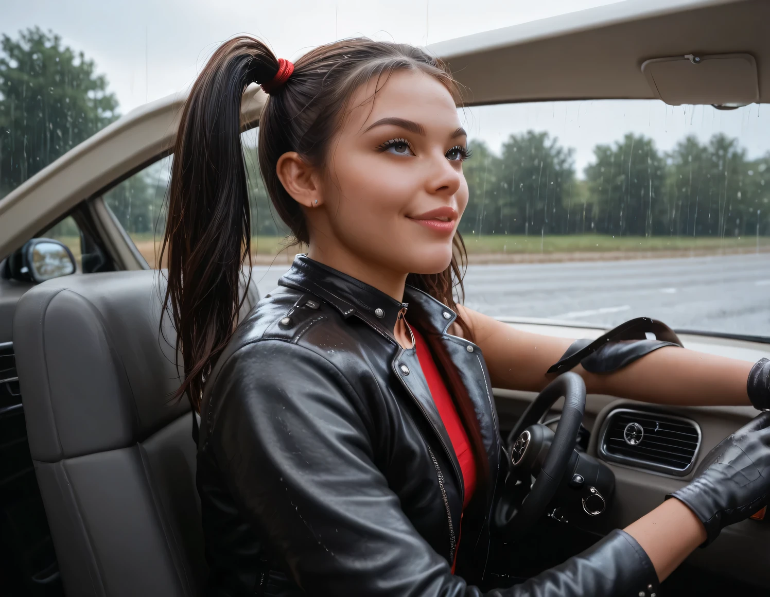 Bettie Page in a leather jacket drivin a car ,the car is going at 100mph, it's raining outside,she is doing a blow job to teh man on passenger seat,, Bettie is very busy driving,she is running the car fast on a highway ,leather gloves, ponytails black hair,serious smiling,dressed in biker leather, black leather gloves, driving, , 🤬 🤮 💕 🎀, black leather oversized gloves, driving a car,right hand on the gear shift of the car wearing a full leather outfit with leather skirt, , dressed in short leather jacket, detailed eyes,detailed gloves, detailed face,perfect face, perfect lips, 16K HQ 