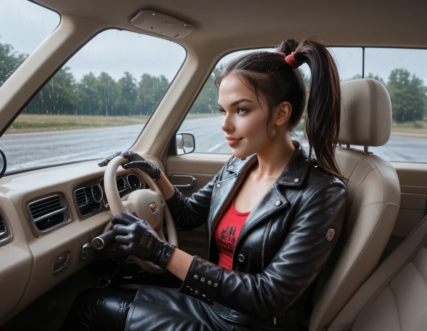 Bettie Page in a leather jacket drivin a car ,the car is going at 100mph, it's raining outside,she is doing a blow job to teh man on passenger seat,, Bettie is very busy driving,she is running the car fast on a highway ,leather gloves, ponytails black hair,serious smiling,dressed in biker leather, black leather gloves, driving, , 🤬 🤮 💕 🎀, black leather oversized gloves, driving a car,right hand on the gear shift of the car wearing a full leather outfit with leather skirt, , dressed in short leather jacket, detailed eyes,detailed gloves, detailed face,perfect face, perfect lips, 16K HQ 