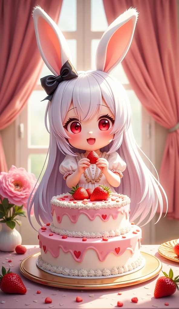 text on cake says "5000 gratitudes".Pop and vivid and comical and colorful and cute art. gorgeous and colorful heart marks and star marks. rabbit girl\(chibi,cute, kawaii,red eyes,white rabbit ears, wearing pretty white dress embroidered with shiny white silk, luxuriously braided long white hair, big black hair bow, bangs, idol, looking at cake, put strawberry on cake, smiling\) making huge multilevel decorated cake\(with fresh strawberry and colorful rose\).decorated room for a party, inviting viewer. Thanking. newest anime style.Perfect hand,Detailed hand. focus the cake, beautiful bokeh, great vivid lighting, chandelier