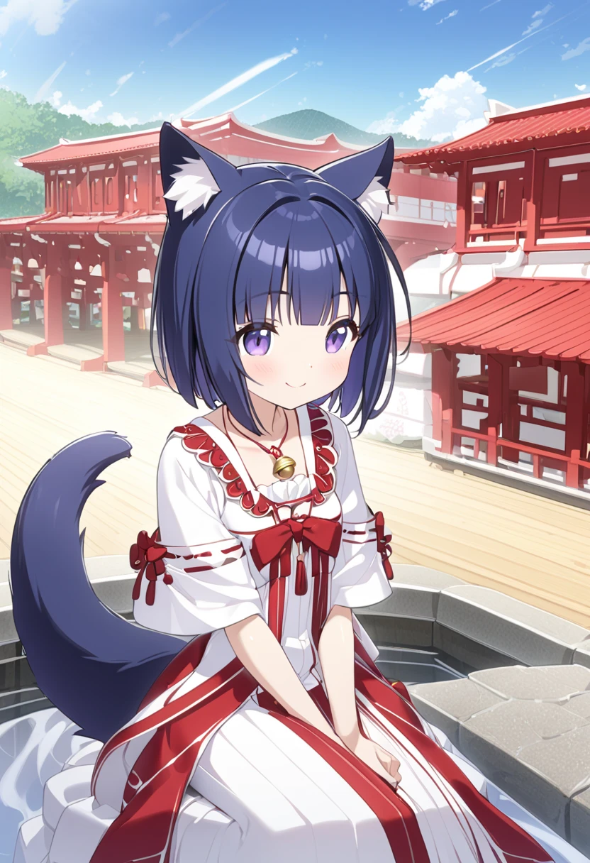  top quality 、 Toon Shader 、 one 、 slender body、Tiny breasts、 shiny dark blue hair、 short bob、Cat ears and tail、 purple eyes、 proud look with roof、necklace with bell、 short white and red shrine maiden costume sitting on a river bridge、barefoot、川橋に座る、smile、A little blush、 open her mouth 、The sun shines in