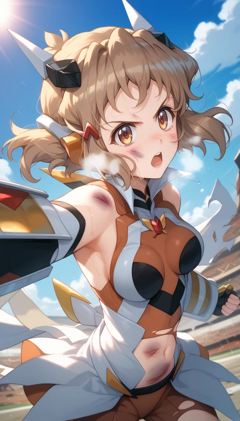  top quality ,  soft light during the cruise,  super high res,  cute, Beautiful face in every detail , high resolution details of human skin texture, shiny skin,sweat,Heat, white breath ,Take a deep breath,Hibiki Tachibana,Brown Hair,, battle costume,Outdoor Arena,sunlight, serious eyes,Ready,Big eyes, Symphogear ,armed gear , open mouth ,Fighting pose,bruised body, hair ornament, torn clothes ,Short Hair,