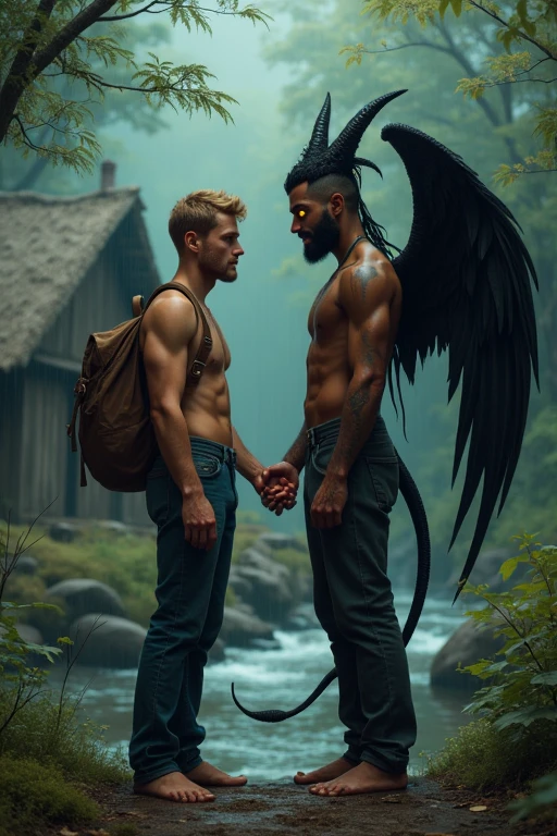 I need you to create a surreal image for me, added to the poetic realism of Men with feathers who kiss passionately in a dark forest full of swamp