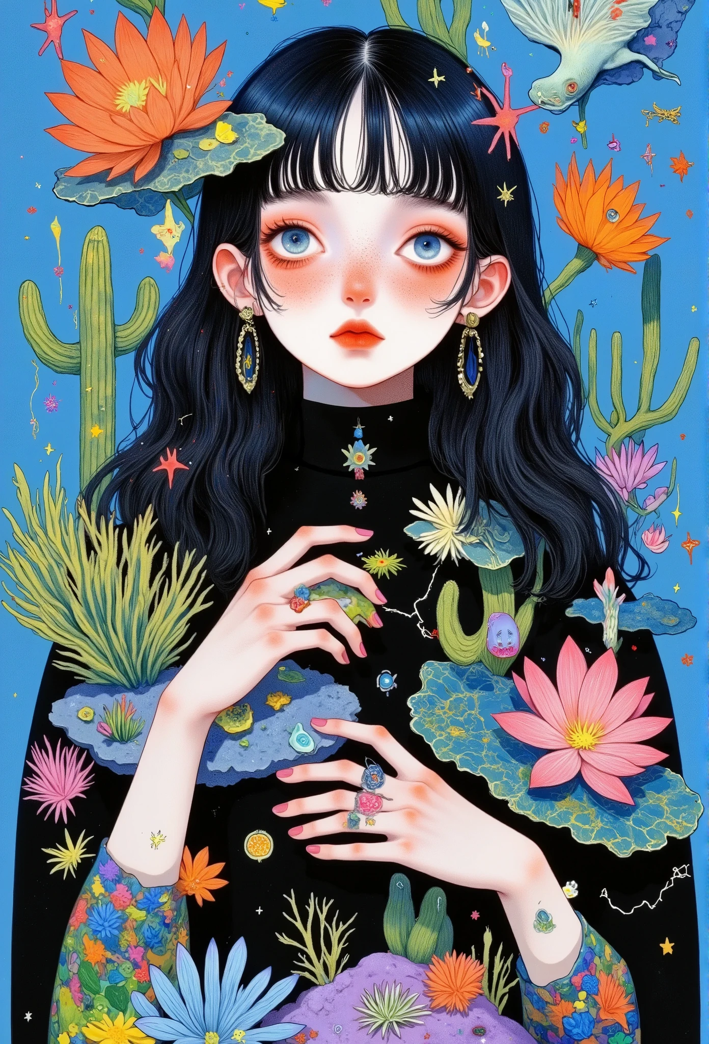  A painting of a young woman  (ELONGATED FACE),  with long wavy bluish black hair,  she has very slanted eyes  (half-closed), ( two lines  (wide)  cross over her eyelids so ),  fish in her hair She has salmon-colored flowers and bees,  she has a dress with a pattern of corals , Use a pin shaped like a koy ,  exquisite digital art  ,  beautiful art style ,  illustration trend  ,  possible , Beautiful anime portrait,  Detailed image in high definition of 8K , Lowe style ,  fantasy art style  ,  Beeple style and Jeremiah Ketner  ,  Enchanting art details  ,  fairytale core ,  beautiful anime style  , Hermosas ilustraciones digitales ((hdr)) ((8K)) (( high definition ))