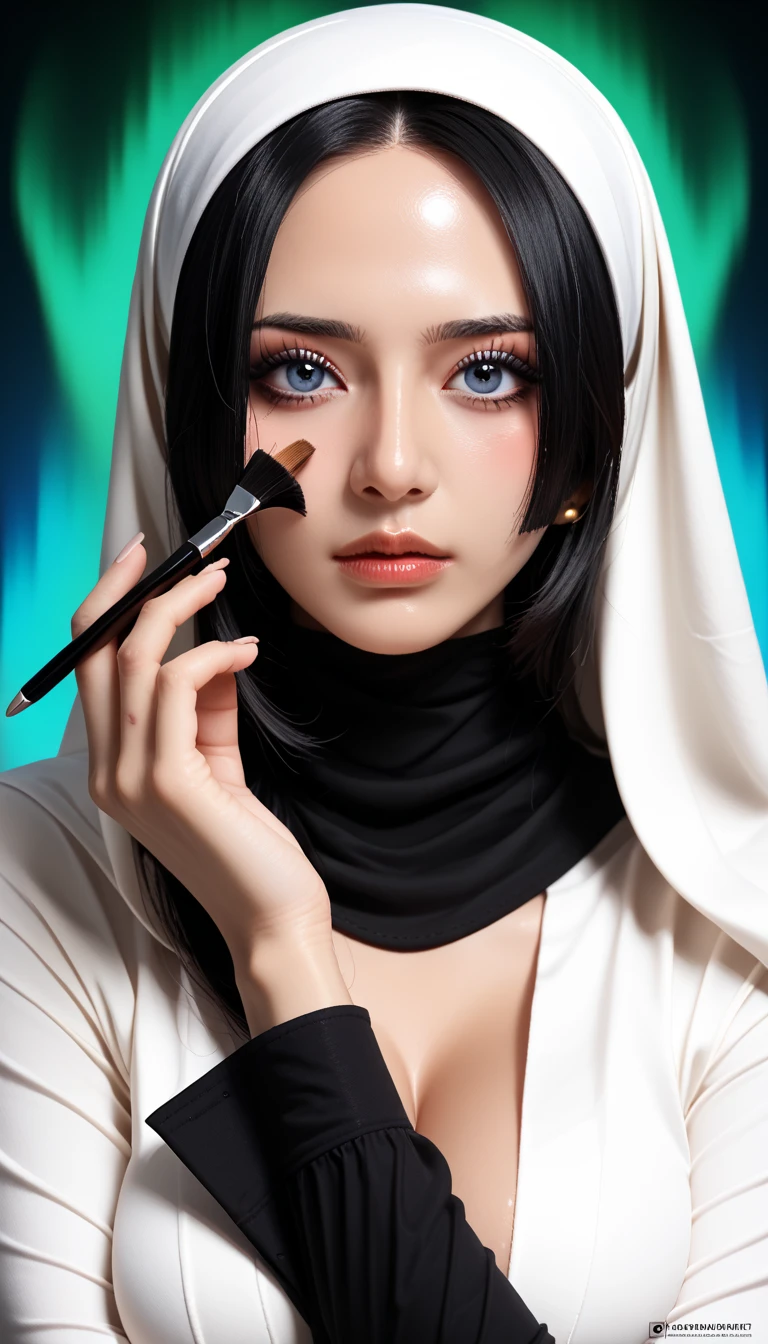 BOA HANCOCK, detail eyes, realistic, detail face, upper body, black hijab, big breast, aurora background, eyelashes black, eyeliner black, eyeshadow brush, blush, best quality, headscarf, wear the hijab