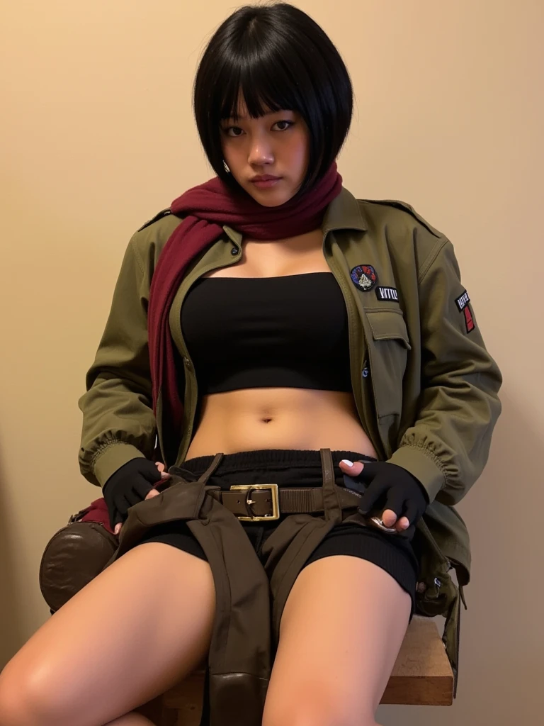 cosplay, woman cosplay, Mikasa Ackerman, 1girl, solo, short black hair, large breasts, athletic build, sitting, looking at viewer, serious expression, red scarf, jacket, belt, navel, midriff, realistic, indoors, beige wall, this is a high-resolution photograph featuring a young woman with light skin and short, straight black hair. She has a serious, intense expression, her sharp gaze fixed on the camera. Her attire includes a military-style jacket with the Scout Regiment emblem on the shoulder, a maroon scarf wrapped around her neck, and a black crop top exposing her toned midriff. She is sitting on a wooden chair against a plain beige wall, her legs slightly apart. The lighting is soft and warm, highlighting the textures of her leather harness and jacket, while casting shadows that emphasize her strong jawline and determined expression.