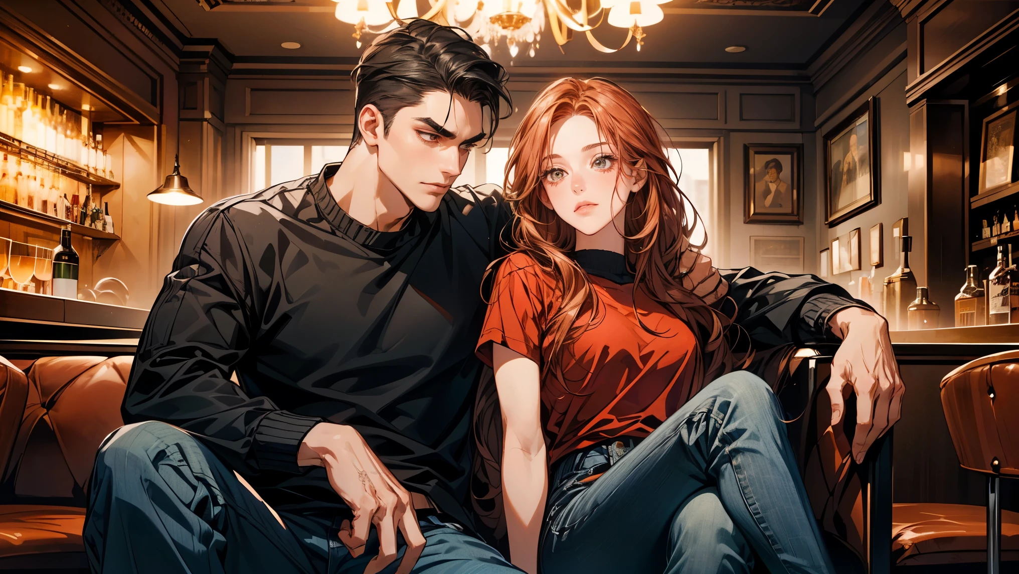 2 main person. 1 male with 1 girl. 1 girl (young,long red hair,tightdress),Man:( Handsome, Masculine angular features, sharp jawline, straight high nose, thick but neat eyebrows slightly arched. Full lower lip that often curls into a slight smirk when smiling, exuding confidence and a bit of recklessness,Eyes: Light green with a sharp, often playful gaze. Hair: Dark brown, slightly wavy, cut in a neat undercut with slightly messy bangs, often casually styled backward.  Skin: Light-toned with a slight tan,Physique: Fit and muscular, well-proportioned body with a toned six-pack. Wearing round-neck t-shirts paired with a bomber jacket., dark jeans. )Pose: sitting on  couch in bar, cheering a glass, the girl leaning against the man. background: neon light, dim light,night, dark room, a bar, many person