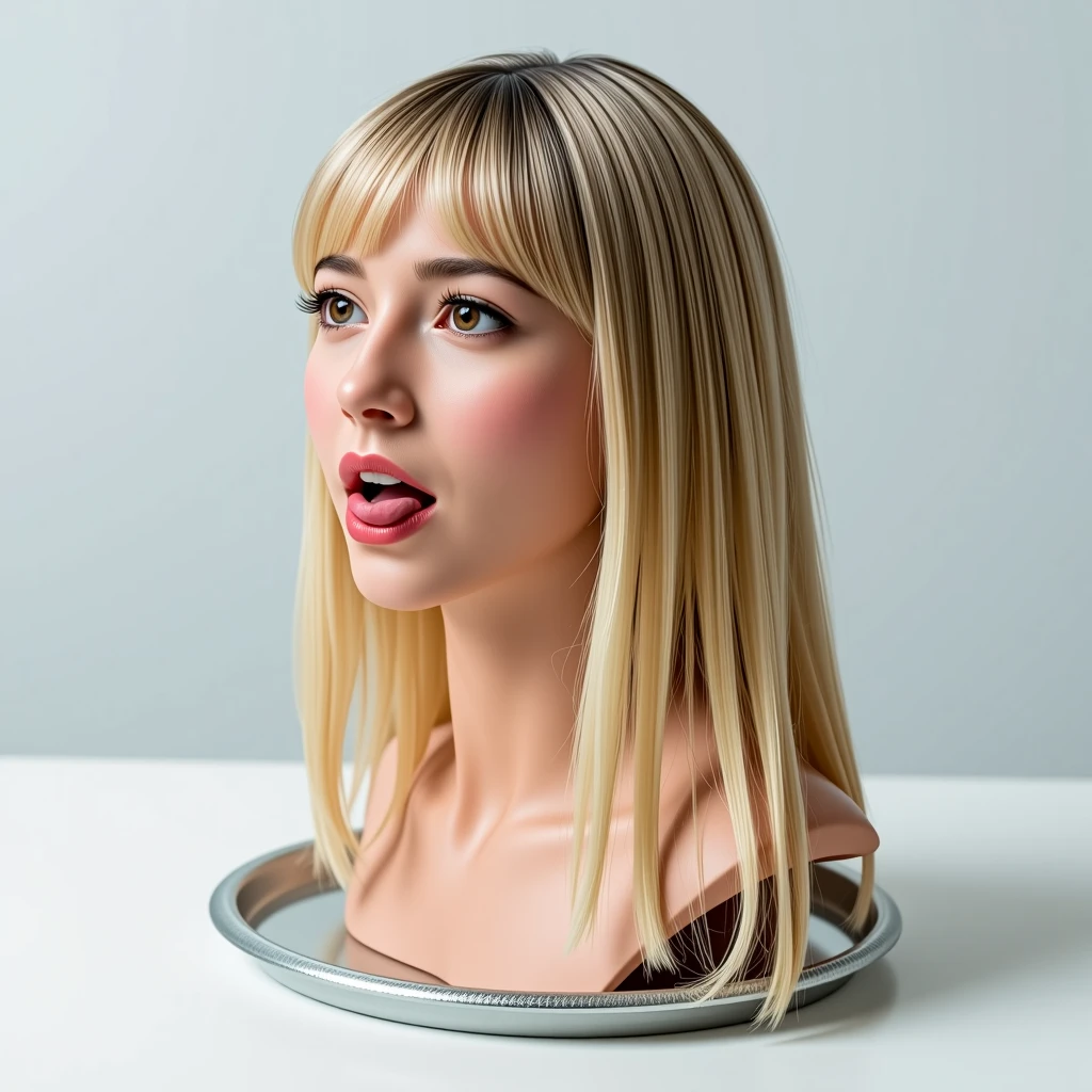 Picture of a disembodied side view head of a young, naturally beautiful europen woman, stands on a silver tray. We see the head from side view. She is not wearing any makeup. She has beautiful, straight, thick, smooth, silky, highlighted blonde, super straight shoulder length hair with bangs. Her face is showing fear. The woman's eyes are wide open. Her mouth is wide open, her tongue sticks out of her mouth. The background is light.