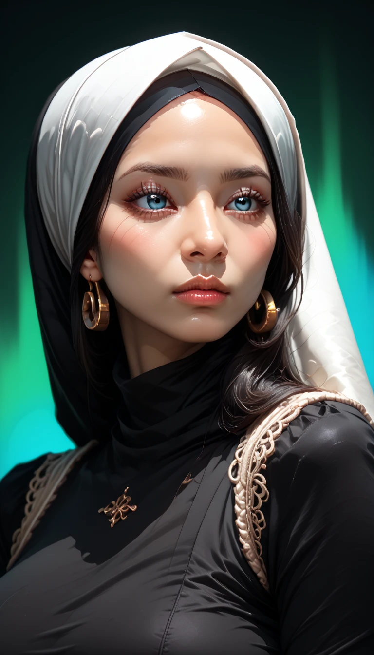 BOA HANCOCK, detail eyes, realistic, detail face, upper body, black hijab, big breast, aurora background, eyelashes black, eyeliner black, eyeshadow brush, blush, best quality, headscarf, wear the hijab