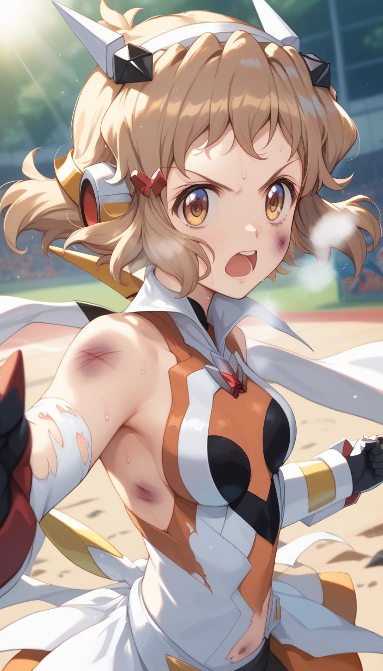  top quality ,  soft light during the cruise,  super high res,  cute, Beautiful face in every detail , high resolution details of human skin texture, shiny skin,sweat,Heat, white breath ,Take a deep breath,Hibiki Tachibana,Brown Hair,, battle costume,Outdoor Arena,sunlight, serious eyes,Ready,Big eyes, Symphogear ,armed gear , open mouth ,Fighting pose,bruised body, hair ornament, torn clothes ,Short Hair,