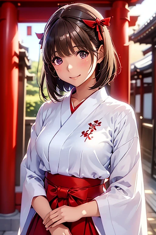 anegasaki nene、Light brown hair,  Shorthair, ( Pretty Brown Eyes 、 sparkling eyes , Fine grain)、smile、 super detailed eyes、Highly detailed faces,  very detailed eyes,(masterpiece:1.3), cowboy shot, (Only one woman, alone)、



(( White and Red Shrine Maiden Outfit、Red Hakama))、shrine、In front of the torii gate、dim garden、whole body、Light、Red Torii Gate、