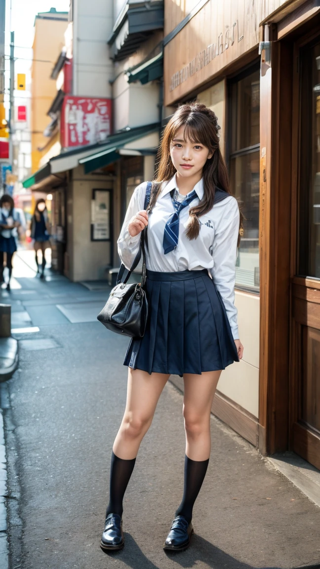 a beautiful 18 year old Japanese high school girl with perfect anatomy, healthy thighs, beautiful legs, beautiful skin, random hair color and style, large breasts, (wearing a Japanese schoolgirl uniform:1.3), (she is standing:1.2), penny loafers, holding a student bag, full body shot, standing on a city street, (best quality,4k,8k,highres,masterpiece:1.3),(extremely detailed:1.2), photorealistic, ultra-detailed, vivid colors, studio lighting, professional, Rina Kawaei