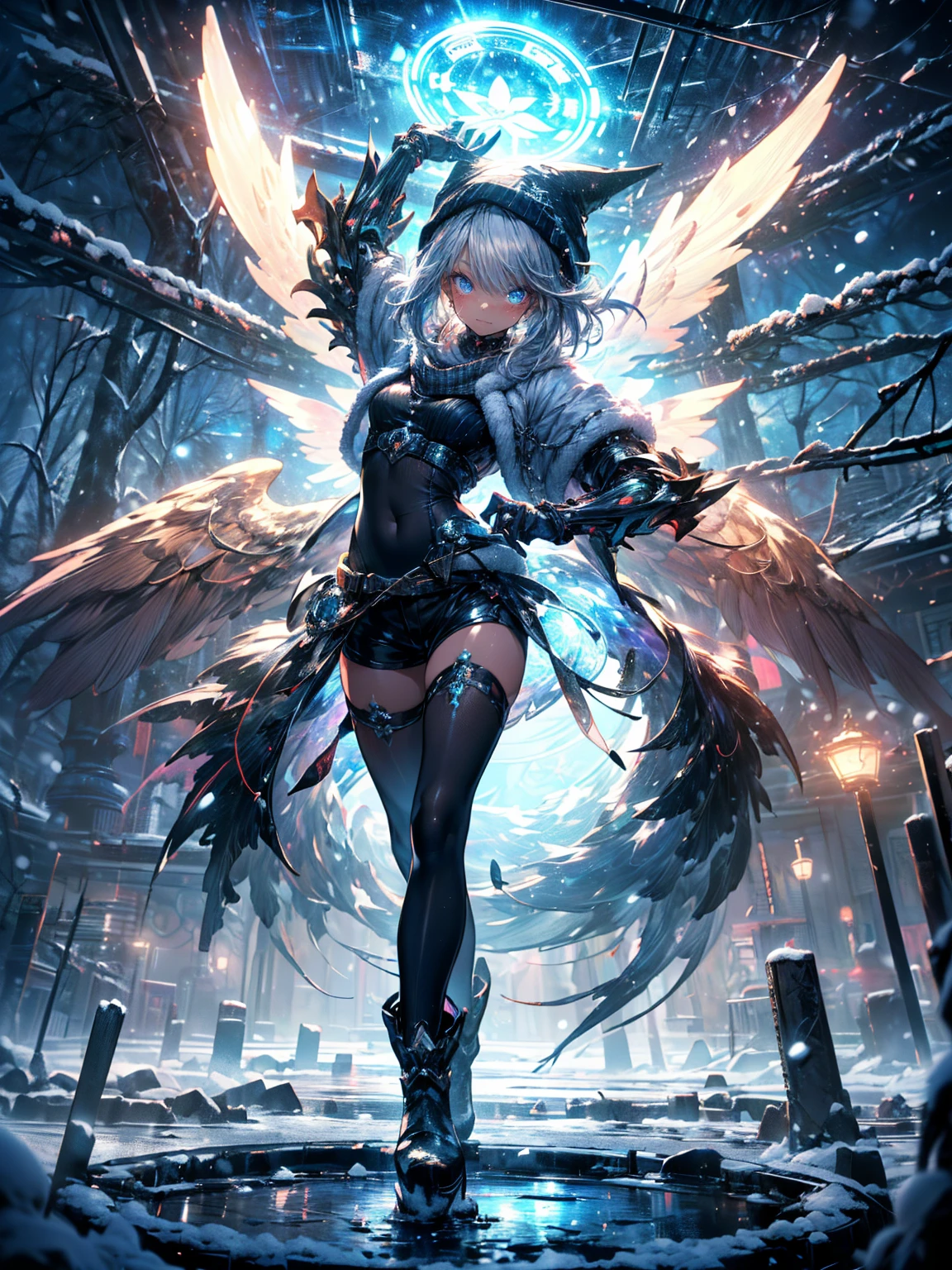 (Tabletop, Highest quality), (Perfect female body:1.2), Very detailed, Anime Style, alone, Priestess in cyber dress、With a huge sword, Cyberpunk Ninja Girl, Ash Blonde Hair, Giant crystal angelic fairy wings、 White Background, whole body. Standing in the Wilderness