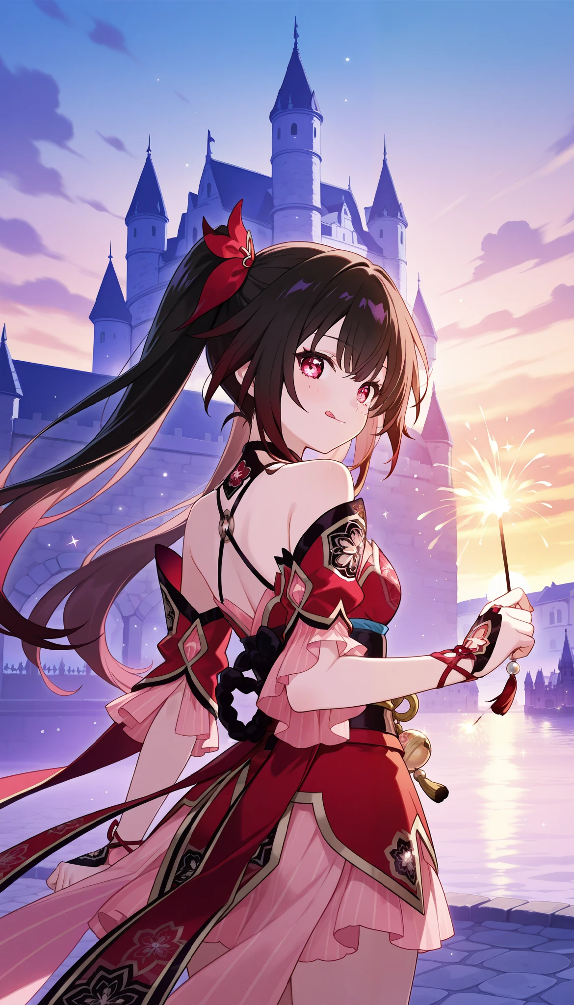 (High quality anime art), (Anime girl), ((sparkle)), ((Solo)), (Hair flowing in the wind: 0.8), (detailed eye), elegant, (Detailed color: 0.9), (vibrant color:0.7), (Cinematic lighting: 0.7), holding sparklers stick down, (Medieval Castle Background), Midnight, (Aesthetic pose), (Turning back pose), Playful mood, Close up, :P.