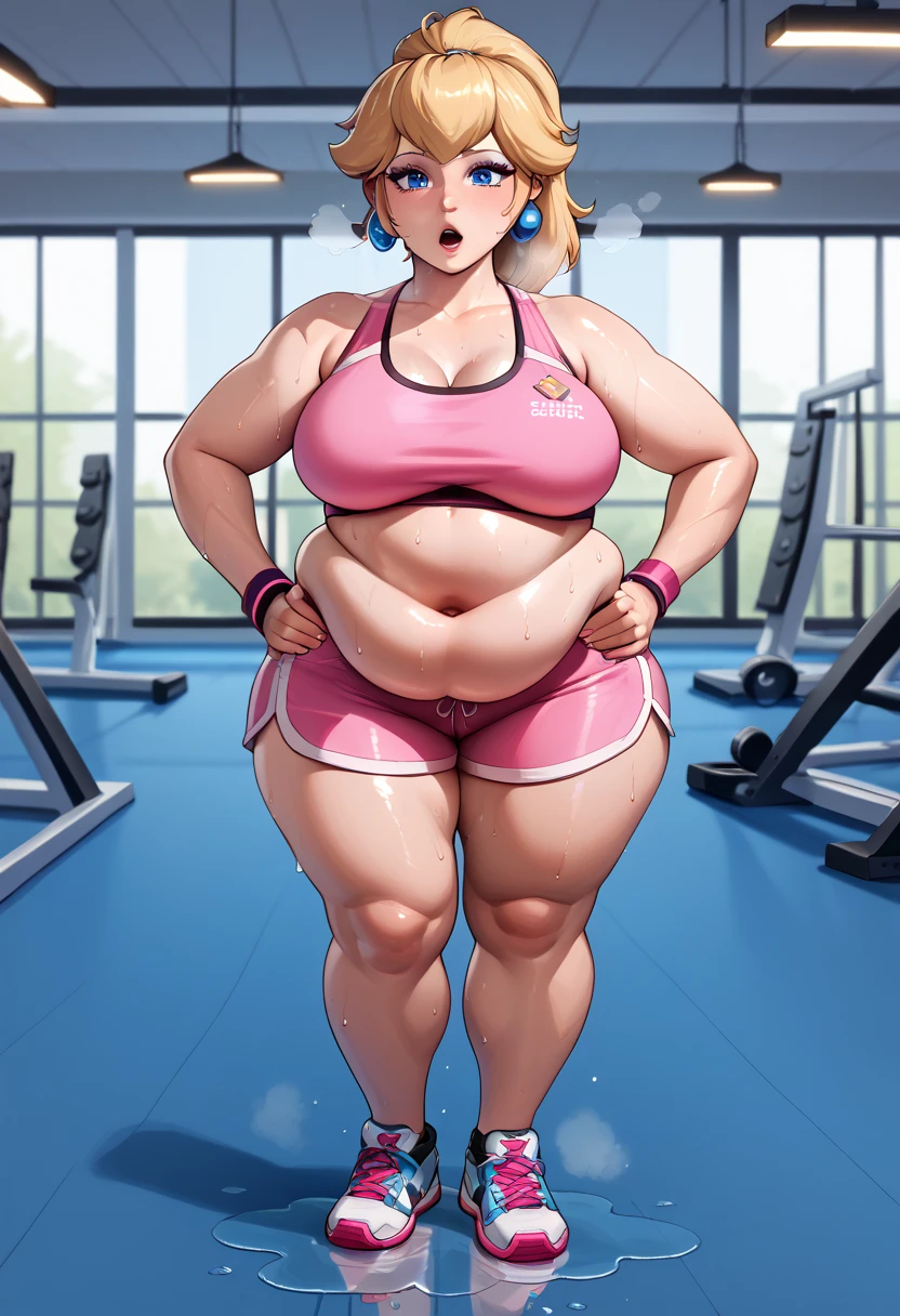 score_9, score_8_up, score_7_up, BREAK,princesspeach, 1girl, solo, , blonde hair, ponytail, jewelry, bracelet, makeup, casual, cowboy shot, blue eyes, looking at the viewer, large breasts, hands on hips, tight pink tanktop, sweaty, tight pink shorts, sweating profusely, open mouth, exhausted, heavy breathing, puddle of sweat on the ground, steam coming out her mouth, gym, indoors, thick, obese, soft belly, chubby, wide hips, sexy hips, full body, big belly, thicc thighs
