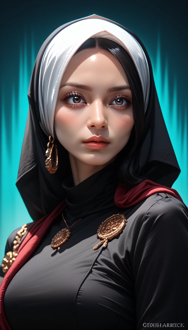 BOA HANCOCK, detail eyes, realistic, detail face, upper body, black hijab, big breast, aurora background, eyelashes black, eyeliner black, eyeshadow brush, blush, best quality, headscarf, wear the hijab