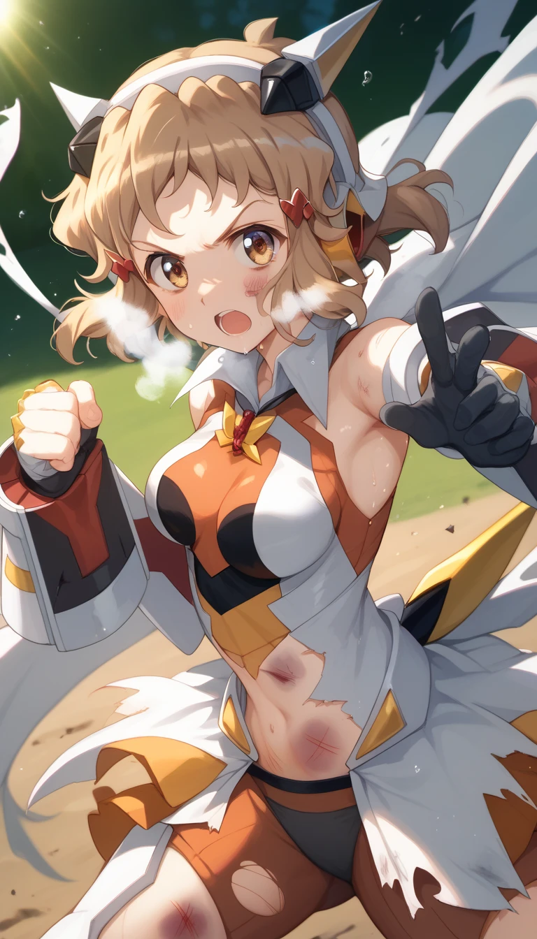  top quality ,  soft light during the cruise,  super high res,  cute, Beautiful face in every detail , high resolution details of human skin texture, shiny skin,sweat,Heat, white breath ,Take a deep breath,Hibiki Tachibana,Brown Hair,, battle costume,Outdoor Arena,sunlight, serious eyes,Ready,Big eyes, Symphogear ,armed gear , open mouth ,Fighting pose,bruised body, hair ornament, torn clothes ,Short Hair,