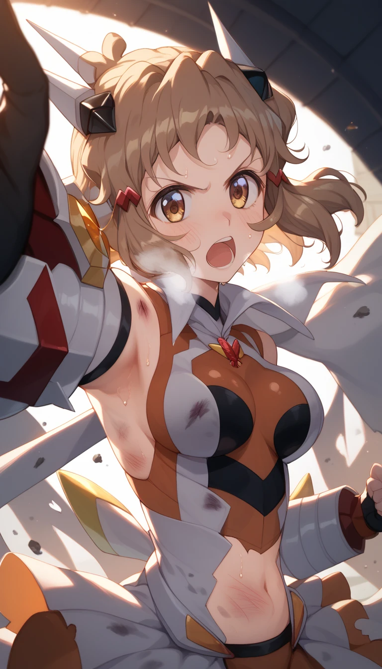  top quality ,  soft light during the cruise,  super high res,  cute, Beautiful face in every detail , high resolution details of human skin texture, shiny skin,sweat,Heat, white breath ,Take a deep breath,Hibiki Tachibana,Brown Hair,, battle costume,Outdoor Arena,sunlight, serious eyes,Ready,Big eyes, Symphogear ,armed gear , open mouth ,Fighting pose,bruised body, hair ornament, torn clothes ,Short Hair,whole body