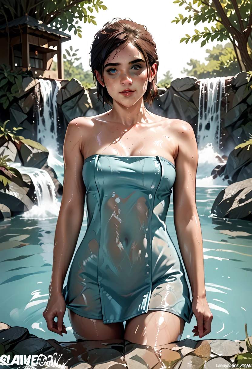 NSFW, Ellie Williams,  character from the game 'The Last Of Us' , Young,  perfect body, new,  stream drying with a bath towel at the edge of a calm water stream, with rocks and vegetation surrounding the .  The stream water reflects soft light ,  while Ellie enjoys the moment of privacy . dense vegetation around, rocks at the bottom of the water ,  quiet and intimate atmosphere . Visão lateral do  perfect body de Ellie,  highlighting her wet skin ,  with realistic details and film grain . 8k,  super realistic ,  hyper realistic .
